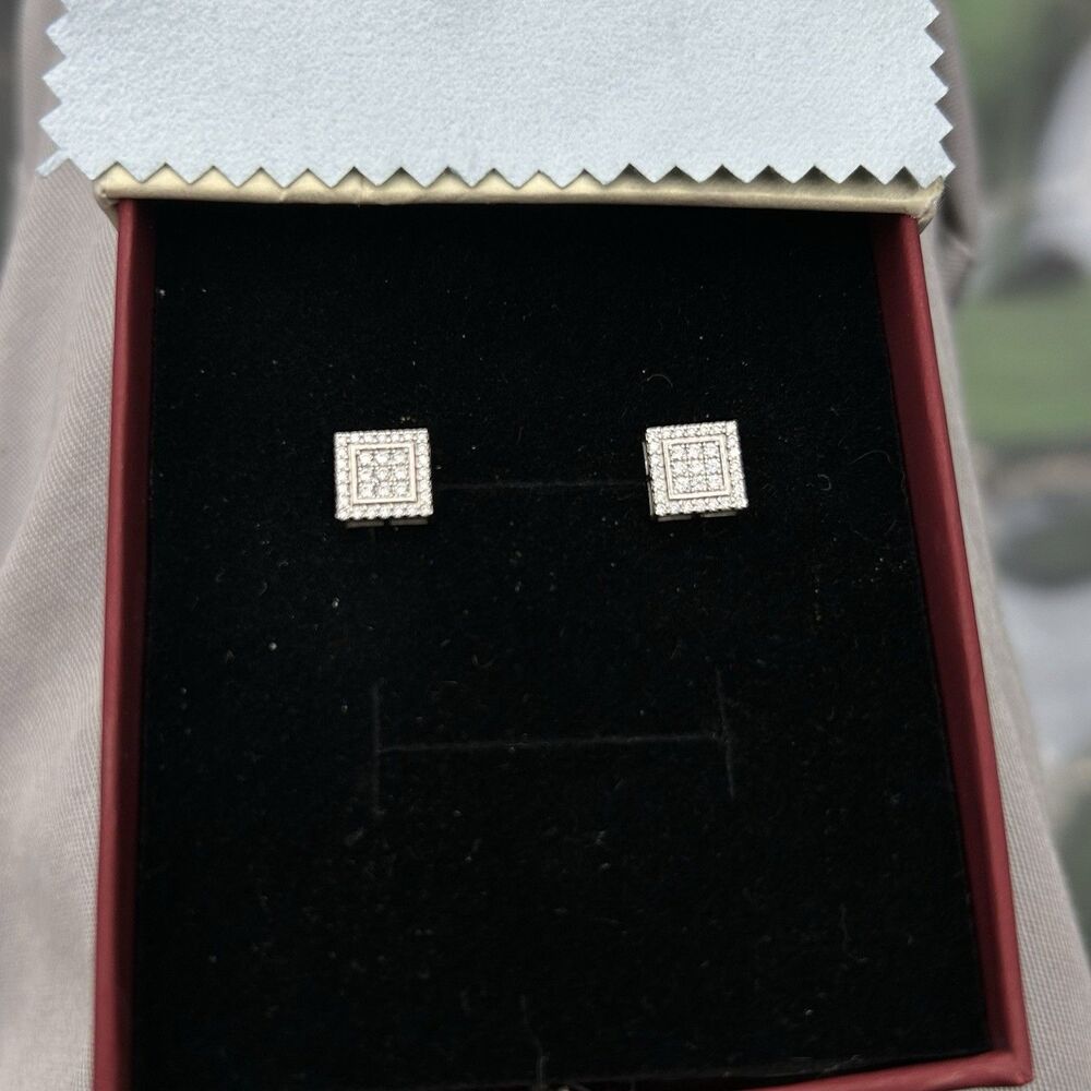 Square Lab Created Diamond Earrings 925 Silver Cluster